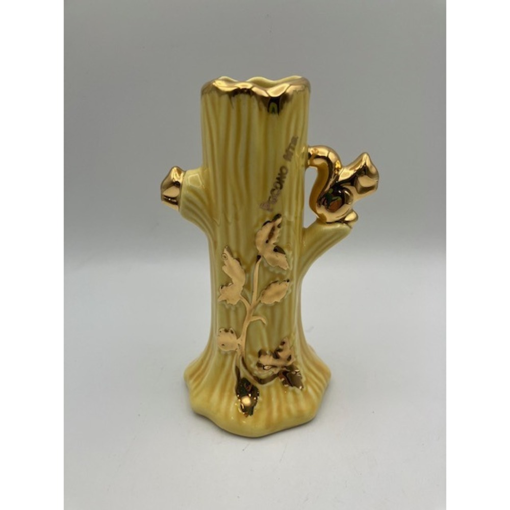 Ceramic Yellow‎ Squirrel Vase by Holley Ross Studios 22K Gold Accents MCM 6" USA